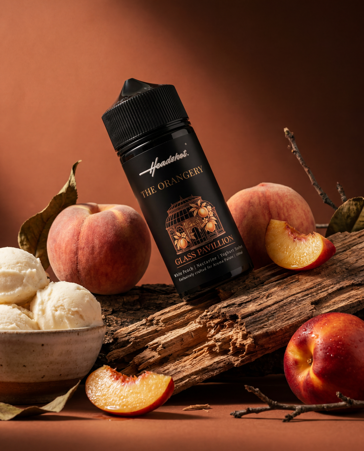 GLASS PAVILLION flavor (nectarine, peach, yogurt) by HEADSHOT, in use and mood shot